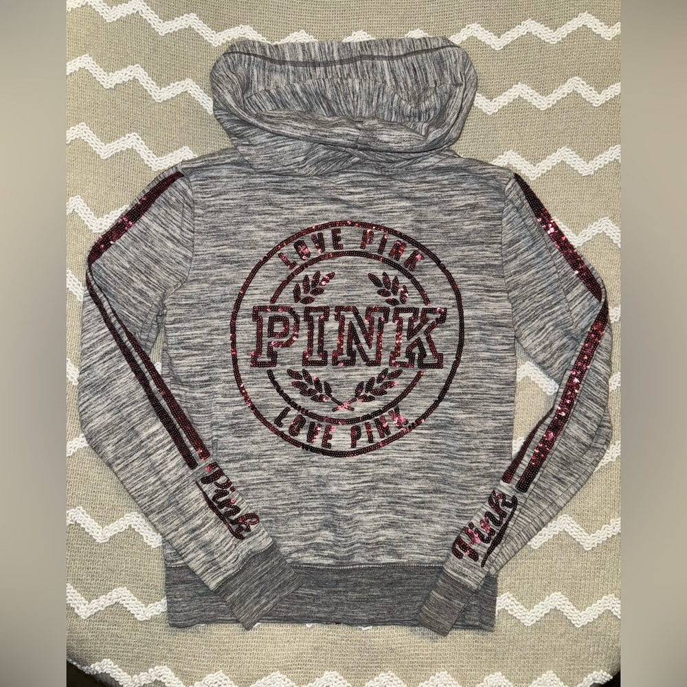 Victoria's Secret PINK gray full-zip hoodie with maroon sequins.